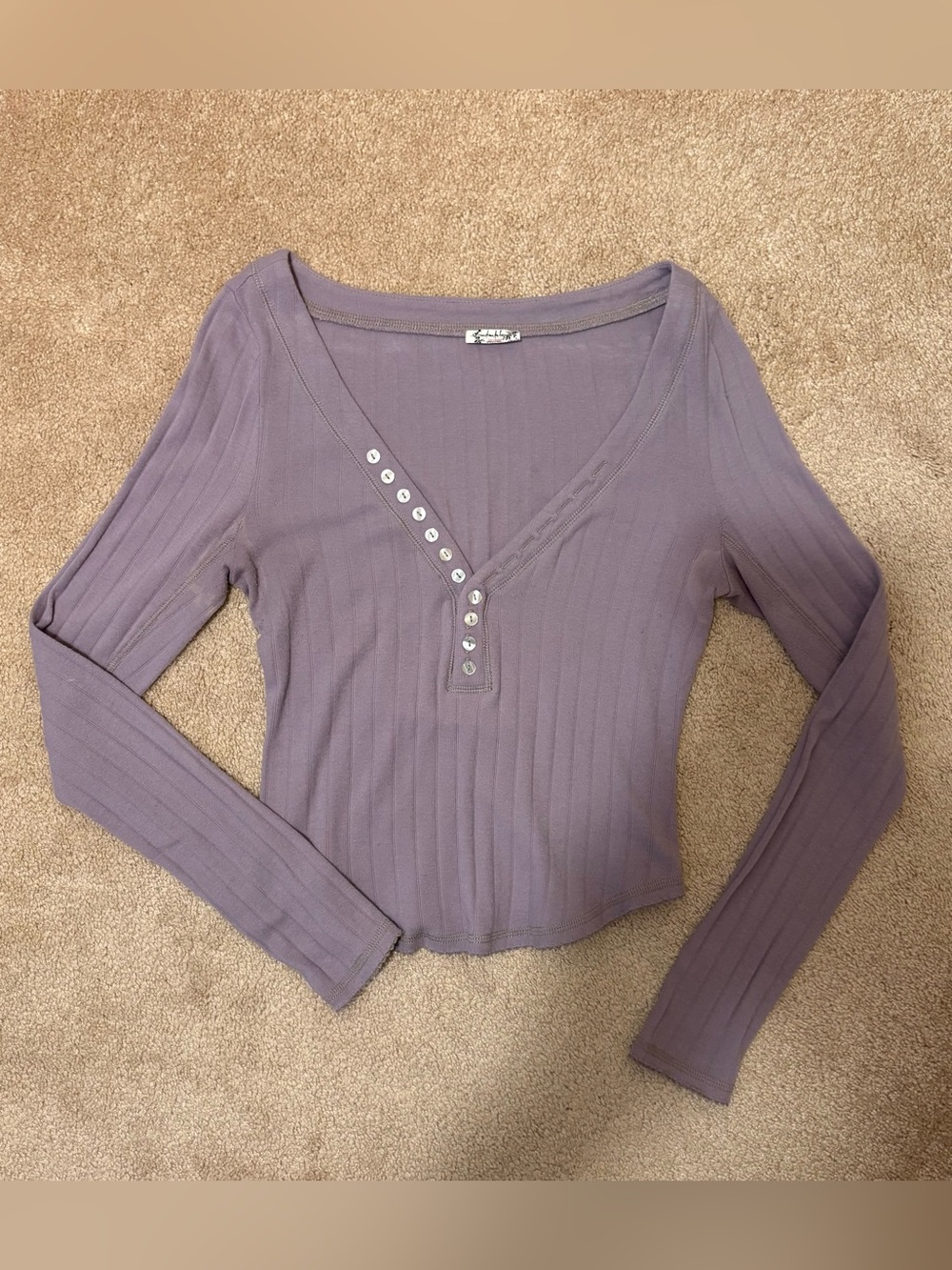 Free People Ribbed V-Neck Long-Sleeve Top in Lavender